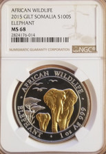 2015 Somalia 1 oz Gold Plated Silver Elephant Gilded Gilt Gild MS68 NGC African