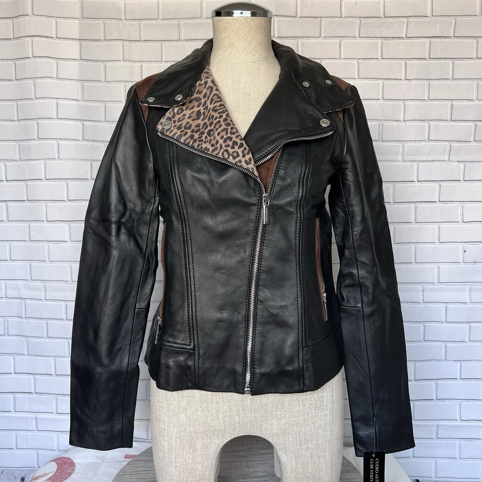 NWT Bernardo Genuine Leather Mixed Media Animal Print Black Moto Jacket MSRP$415 - Image 2 of 4