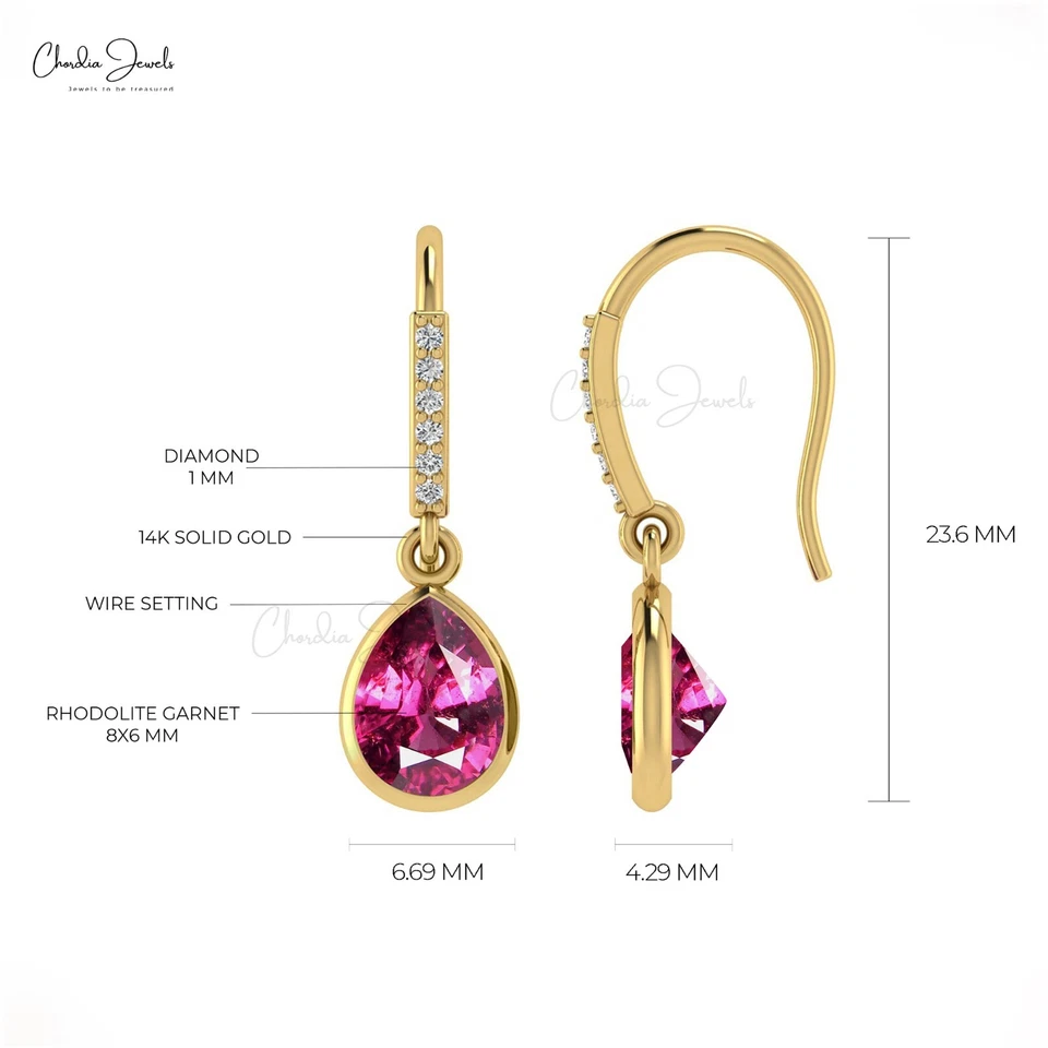 Pendientes colgantes colgantes de diamantes rodolita granate de 8x6 mm de pera de oro real de 14 quilates para mujer Foto 4 de 4