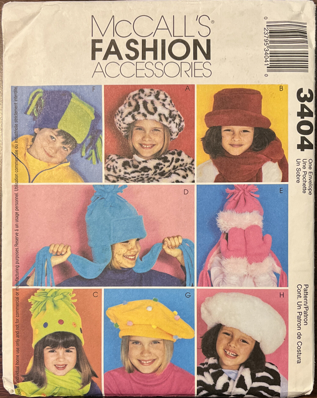 McCall's Fashion Accessories Pattern 3404 Kids Hats Scarves  Mittens S-L Uncut