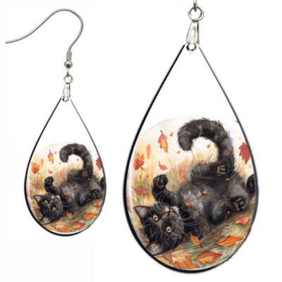 Autumn Leaves & Black Kitty Cat Earrings Teardrop NO TARNISHING Wood Fall Colors