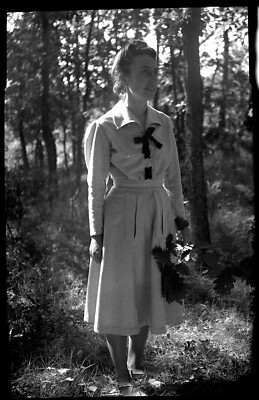 Young Female Standing Wooden Forest Branch Oak - Negative Photo Antique On. 1930 40