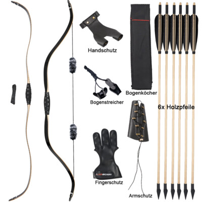 Bogenschießen 46'' Traditioneller Recurvebogen Pferdebogen 25-50lbs&6x Holzpfeile
