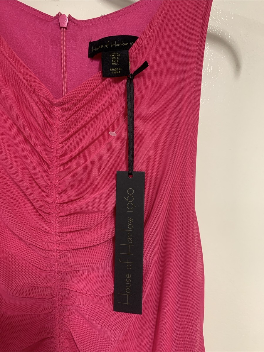 NWT HOUSE OF HARLOW 1960 Hot Pink Ruched Stretch Midi Dress Bodycon Large  Lined