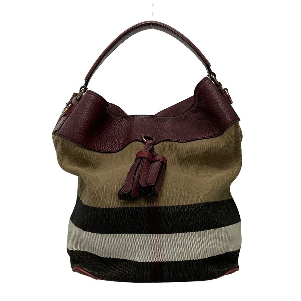 Auth BURBERRY PRORSUM Check Gray Beige Bordeaux Multi Hemp Cotton Leather