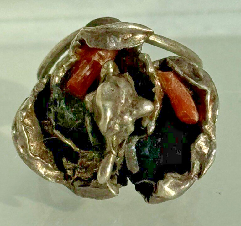 Modernist Brutalist Ring Silver Mediterranean Cor… - image 1