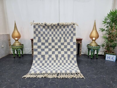 Beni Ourain Moroccan Handmade Rug 3'8''x4'9'' Checkered  White & Gray Wool Carpet 