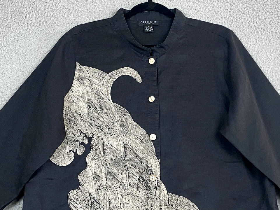 CITRON SANTA MONICA 1X Top Camisa Túnica Abotonada Bordada Arte Japonés Lino Foto 3 de 4