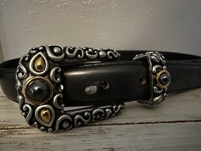 Vintage Vicenza Black Calfskin Leather Skinny Belt Silver Gold Buckle Size 30 Vintage Vicenza Black Calfskin Leather Skinny Belt Size 30  main image 2