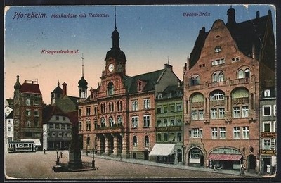 Ansichtskarte Pforzheim, Marktplatz mit Rathaus, Kriegerdenkmal, Beckh-Bräu 192 