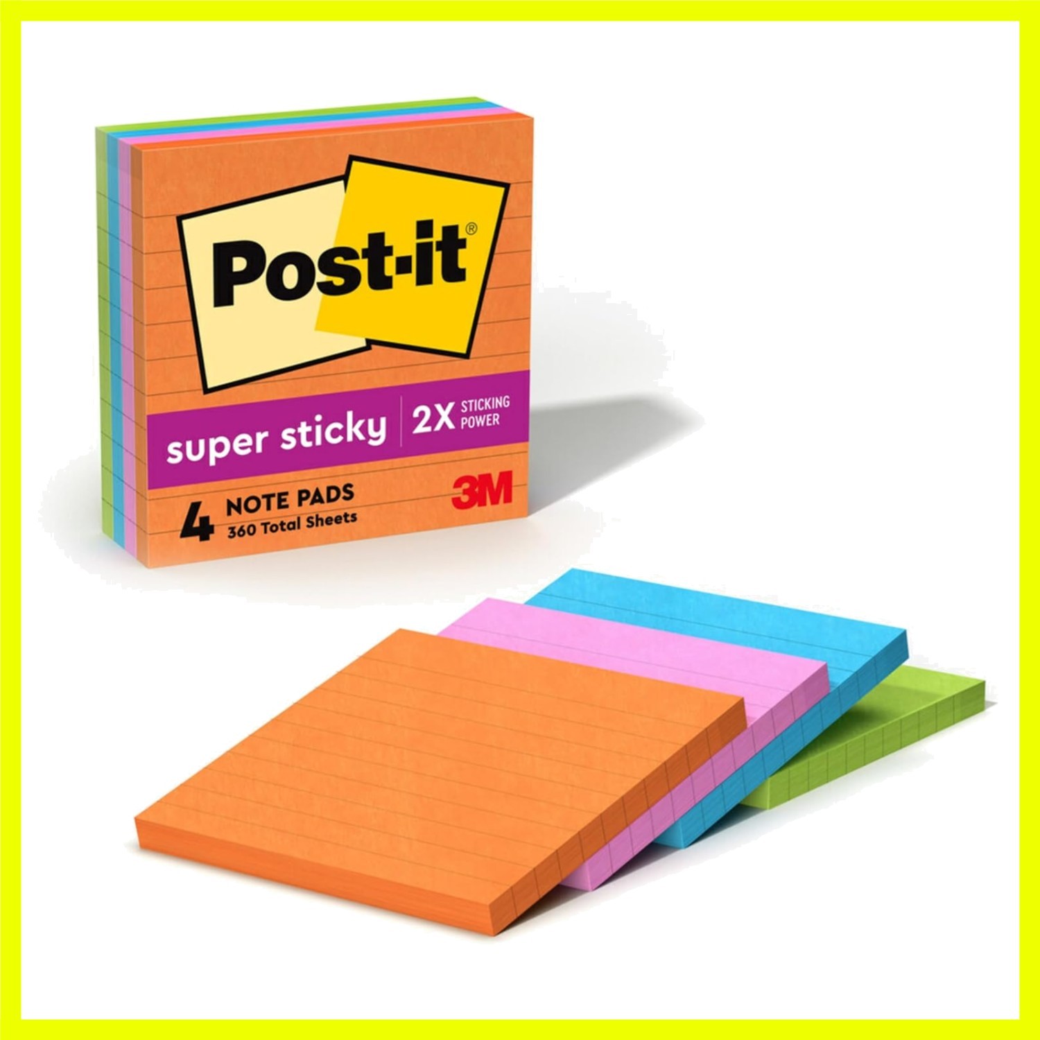 Super Sticky Notes, 4 x 4 in, Neon Fizz, 4 Lined Pads | School Supplies and O...