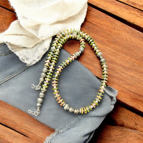 Sterling NAVAJO Pearl Unakite Heishi Angelite Beads Necklace VTG Silver 18" - Picture 3 of 10