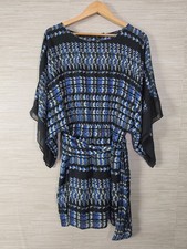 BCBG MaxAzria Lois Scarf Dress Womens L Multi Patterned Kimono Sleeve Tie Waist