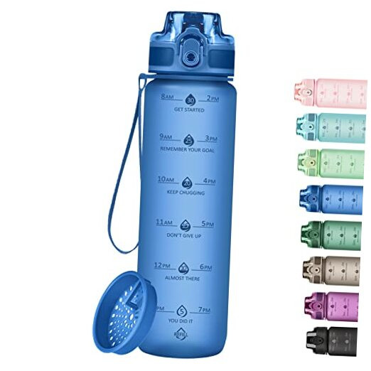 32oz Motivational Water Bottle with Time Marker, Fruit Strainer in Aqua Blue
