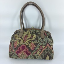 VTG Talbots Brown/Gold Floral Tapestry Purse/ Bag with Leather Handle  Trim