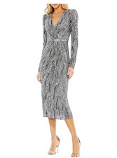 Mac Duggal Embellished Faux Wrap Midi Dress Silver Size 8 NWT Retail 512