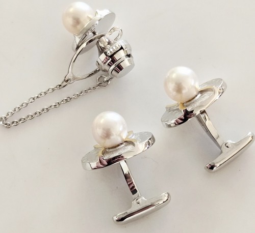 Designer 1960's 18K Gold & Sterling Silver with 8.5mm Pearl Cufflinks & Tie Pin - Picture 11 of 11