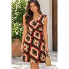 Lauren Ralph Lauren Tribal Aztec Neutral Boho Brown Geometric Midi Dress Small