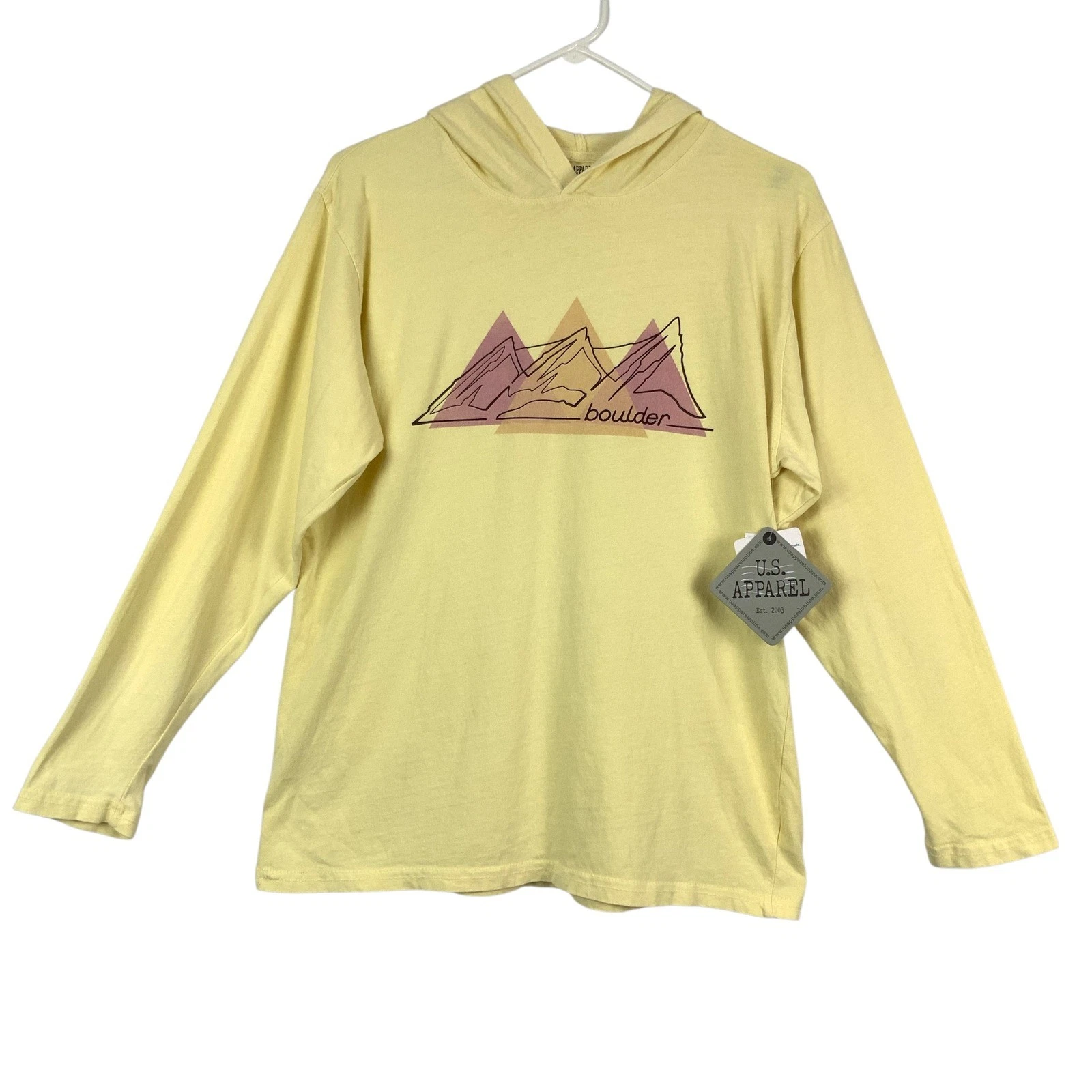 US Apparel Boulder Colorado Mountain Graphic Long Sleeve Hoodie Yellow Sz Small