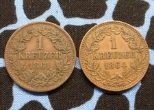 2 Baden German States 1-Kreuzer Coins, Crowned Baden Crest, 1861 & 1864, KM #242