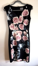 Phase Eight Black Dress UK 10 Pink Floral Roses Pattern Sleeveless Pencil V Neck