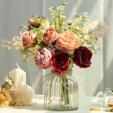Fake Artificial Flowers with Vase Faux Silk Flower Bouquet in Glass Vase Red