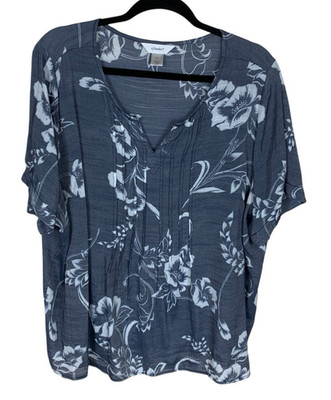 Women's CJ Banks Blue Floral Short Sleeve V-Neck Pleated Front Top Size 2X Boho