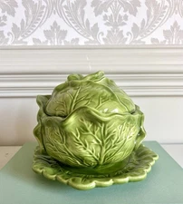 Vtg 1977 Holland Mold Green Cabbage Leaf Covered Ceramic Bowl & Underplate