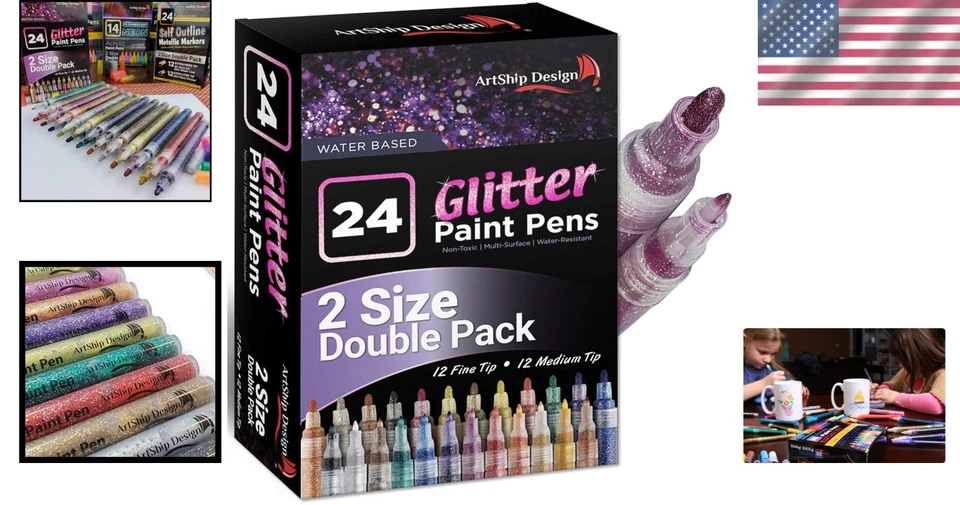 24 Non-Toxic Glitter Paint Pens - Extra Fine & Medium Tips for Versatile Art - Image 2 of 4