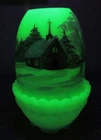1978 Fenton Custard Glass Fairy Lamp -Church Mountains Scene Handpainted Signed