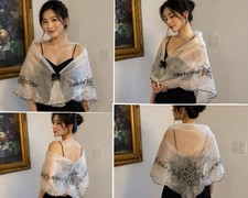Filipiniana Alampay Sheer Lace-Trim Wrap Shawl in Ivory. Brooch not included