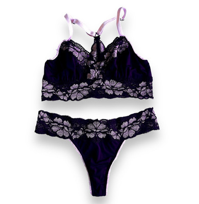 Vintage Adore Me Black Lace Floral Bralette & Panty Bra Set Wireless S