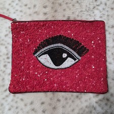 Nila Anthony Red Beaded Evil Eye Zip Top Bag Purse Clutch