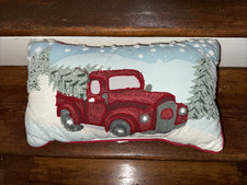 Decorative Pillow Red Truck in Snow with Christmas Tree embroidered