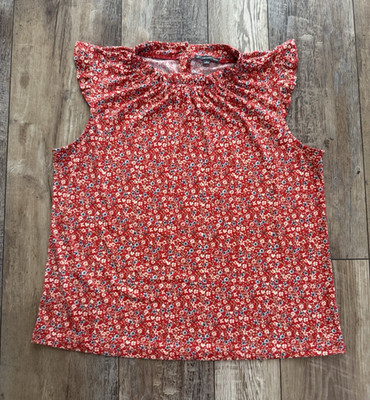 Adrianna Papell Women s Red Floral Ruffle Round Neck Sleeveless Blouse Size L