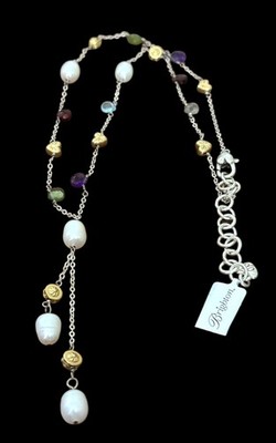 Brighton Eye Candy Y Necklace- silver color chain-pearl beads-semi precious