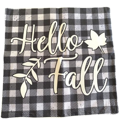 Fall Pillow Covers Set 4 Farmhouse Buffalo Plaid 18x18 Hello Autumn Decor Thanks - Picture 2 of 7
