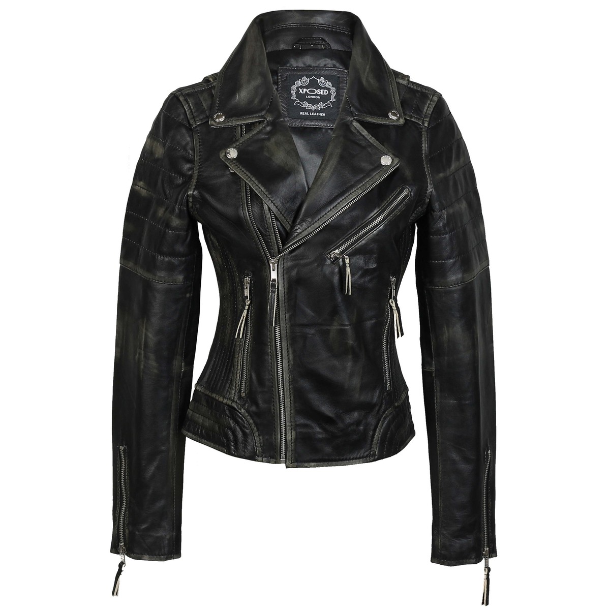 Ladies Real Leather Biker Jacket Black Vintage Rub Off Effect Retro Slim Fit