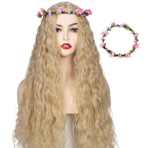 Peluca de ninfa del bosque de hadas disfraz de Halloween cosplay rubia rizada con diadema