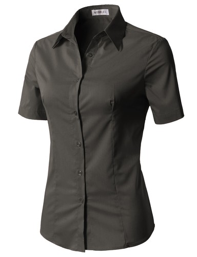 Womens Button Down Shirt Basic SLIM FIT Simple Short Sleeve Collared S010 - Picture 28 of 95