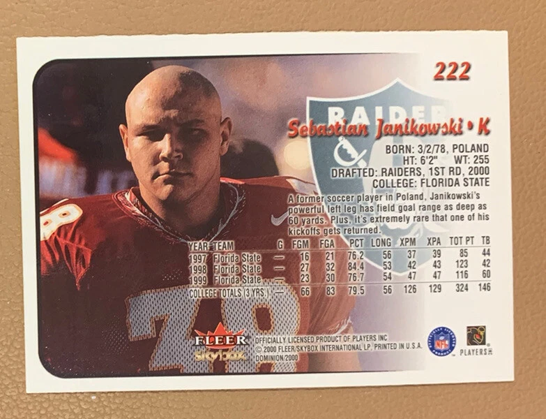 2000 Fleer Skybox Dominion Sebastian Janikowski Rookie Raiders RC #222 - Image 2 of 2