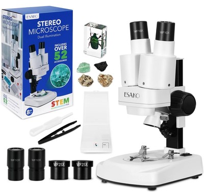 ESAKO Dual LED Kids Microscope - 52+ Piece Science Kit with Mineral & White