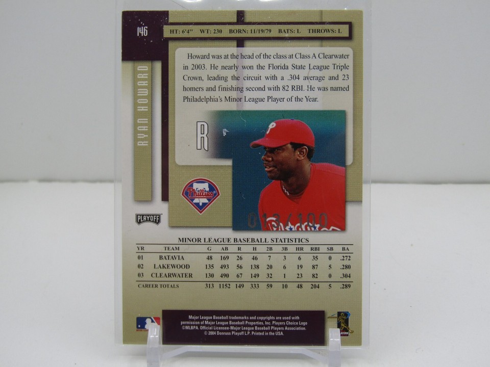 Ryan Howard Rookie RYAN HOWARD 2004 PLAYOFF PRESTIGE XTRA BASES ROOKIE AUTOGRAPH! RC! #013 ...
