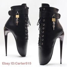 7Inch Stiletto High Heel Lock Wrap Strap Ankle Length Fetish Ballet Boots