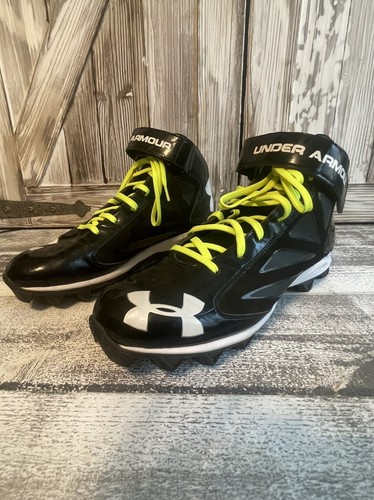 Adult Men's Under Armour Black White Logo Neon Green Laces 12 Football Cleats - Picture 1 of 9