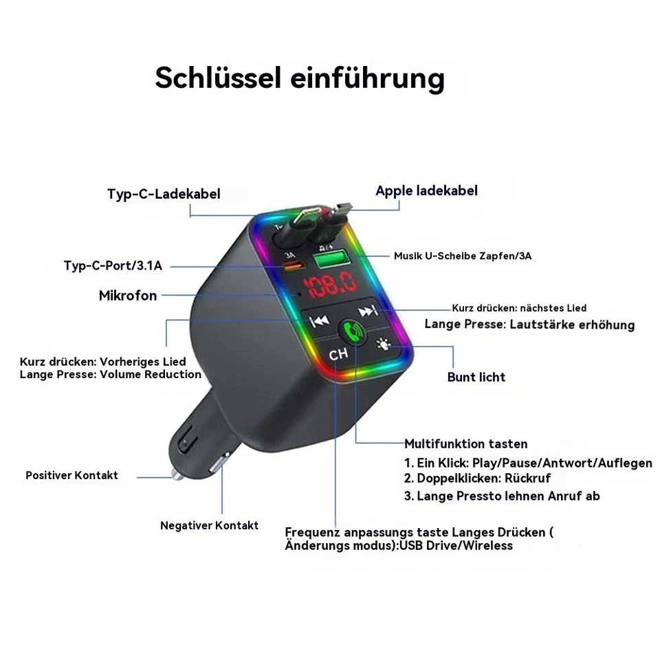 Auto FM Transmitter KFZ Bluetooth USB/TYPE-C Auto Ladegerät Handy Radio Adapter - Bild 4 von 4