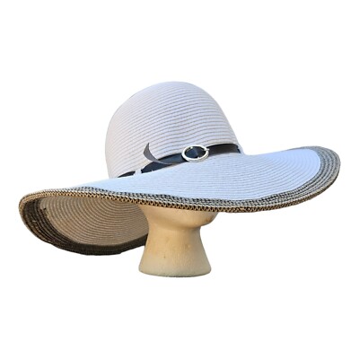 Women’s Wide Brim Floppy Straw Hats White, Black Trim Sun Beach Hat