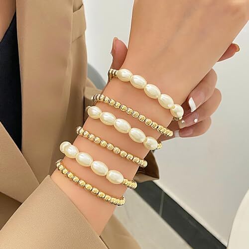 Gold Pearl Beaded Enewton Bracelets for Women,Gold Pearl Stackable