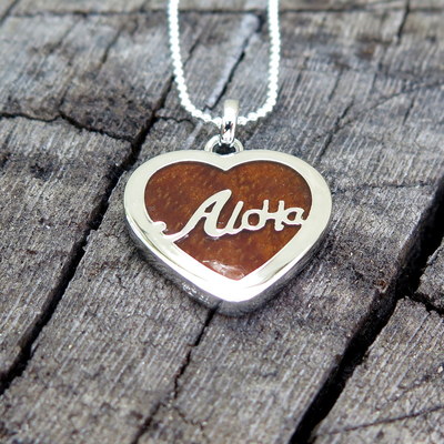 Hawaiian Jewelry Aloha Heart Pendant Hawaii Koa Wood Jewelry