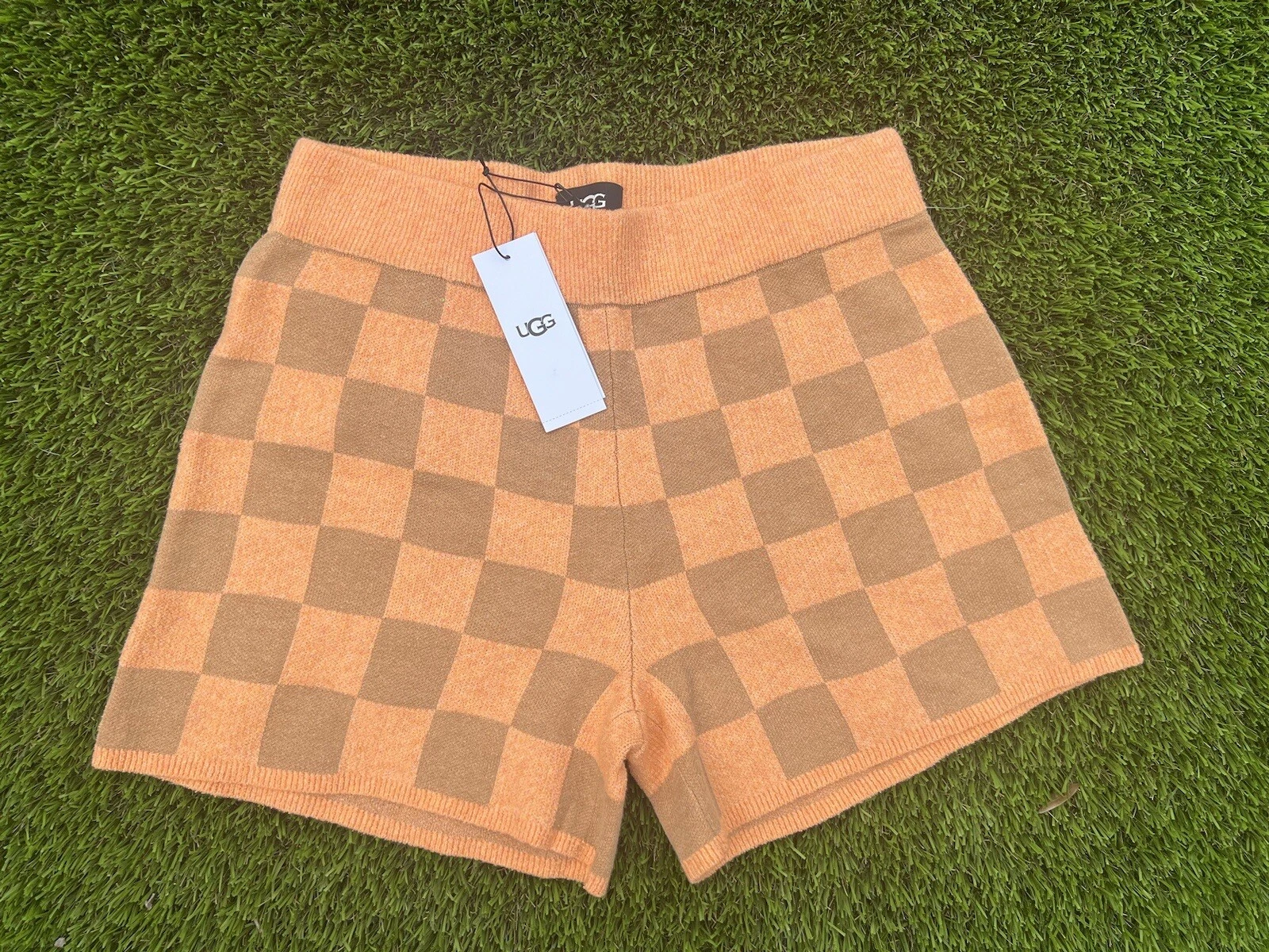 UGG Orange Tan Checkerboard Knit Maliah Soft Linen Blend Sweater Shorts Medium